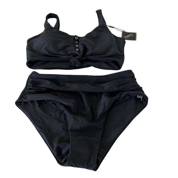 Zaful Black 2 Piece High Waist Swimsuit Bikini NWT Woman Size Medium Snap Front - Picture 1 of 11